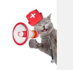 Aufkleber - Happy cat dressed like a doctor with stethoscope on his neck looking behind white banner and meowing into megaphone. isolated on white background