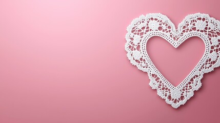 Wall Mural - White lacy heart shape on pink background. Minimalist design with delicate details and soft color palette. Perfect for a celebration or romantic