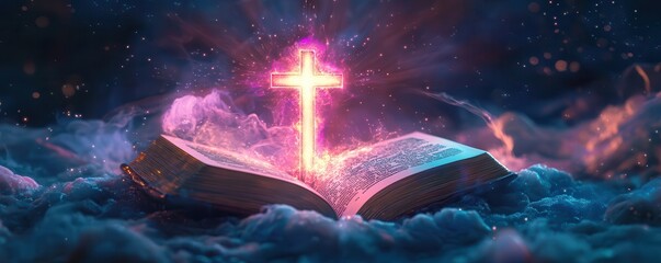 Wall Mural - bible with glowing cross emerging from its center, set in a serene cosmic setting, beams of light sp