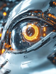 Fototapete - Close up view of a glowing robotic eye within a network of futuristic circuits and technology. Generative AI