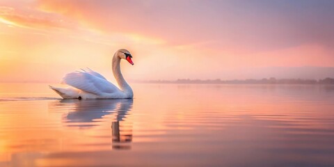 Wall Mural - Swan floats serenely on calm water as morning sun rises over horizon with soft pink hues and gentle ripples , Nature