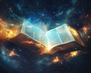 Wall Mural - glowing bible surrounded by holographic symbols of faith, suspended in a tranquil cosmic background,