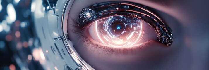 Fototapete - Robotic eye softly glowing amid intricate futuristic circuits highlighting advanced technology at night. Generative AI