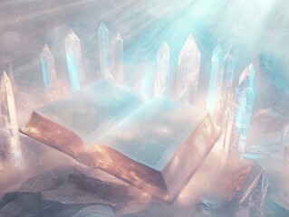 Wall Mural - spiritual bible scene, pages glowing with soft light, surrounded by ethereal holographic halos, radi
