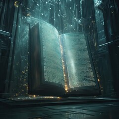 Wall Mural - transparent bible with glowing text, hovering in a futuristic sanctuary, celestial symbols surroundi