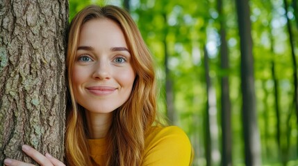 Poster - Smiling young woman with blue eyes wearing a yellow shirt leans against a tree trunk in a lush green forest. Natural light illuminates her face and