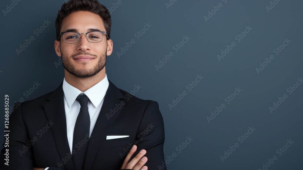 Confident young man in a black suit with glasses poses against a dark ...