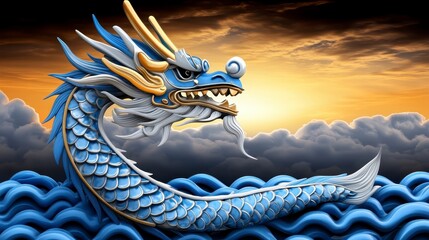 Wall Mural - Majestic blue mythical creature statue emerges from swirling ocean waves against a dramatic sunset backdrop. Gold accents adorn its ornate features