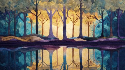 Wall Mural - Serene Forest Lake with Woven Reflections and Radiant Yarn Trees, a peaceful scene capturing nature's beauty and artistry