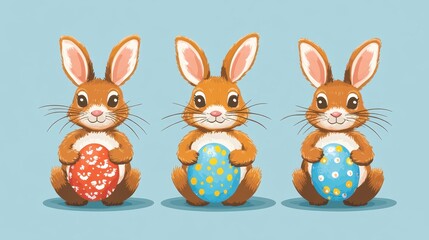 Wall Mural - Three brown pixel art rabbits hold decorated Easter eggs on a light blue background. The eggs feature various patterns. The image is simple and