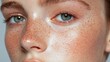 © anatolii - Close-up of a young woman with radiant skin showcasing freckles and captivating blue eyes in natural lighting