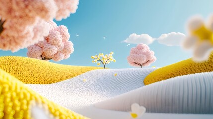 Wall Mural - Pastel trees bloom on textured hills, sunny sky