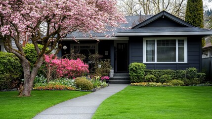 Wall Mural - A house with a walkway in front of it surrounded by flowers and trees