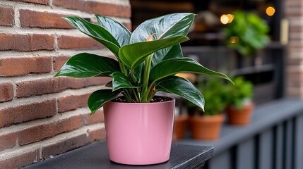 Wall Mural - A potted plant sitting on top of a table next to a brick wall