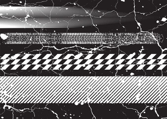 Aufkleber - Glitch distorted grunge layer . Noise destroyed texture. Checkered race grunge flag . Overlay grunge texture .Distressed effect .Vector shapes with a speed lines and tire tracks screen print texture.
