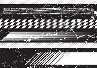 Aufkleber - Glitch distorted grunge layer . Noise destroyed texture. Checkered race grunge flag . Overlay grunge texture .Distressed effect .Vector shapes with a speed lines and tire tracks screen print texture.