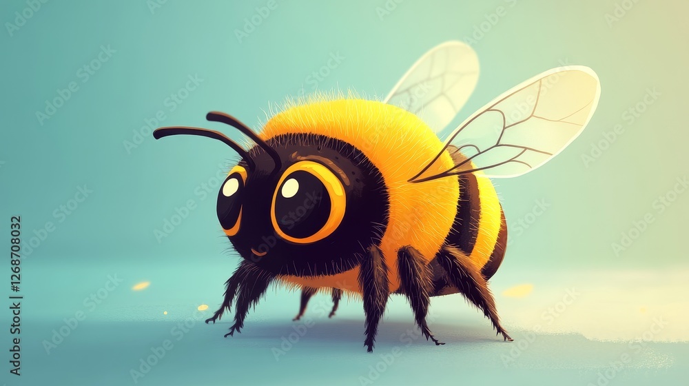 Charming cartoon bee character, whimsical design, vibrant colors, playful expression, ideal for children's illustrations and educational materials