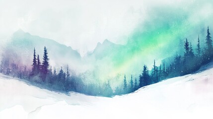Leinwandbilder - Snowy landscape with evergreen trees and soft colorful sky at twilight in a mountainous region during winter season. Generative AI