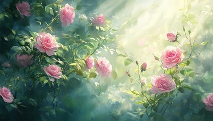 Wall Mural - Sunlit Pink Roses Blooming in Garden