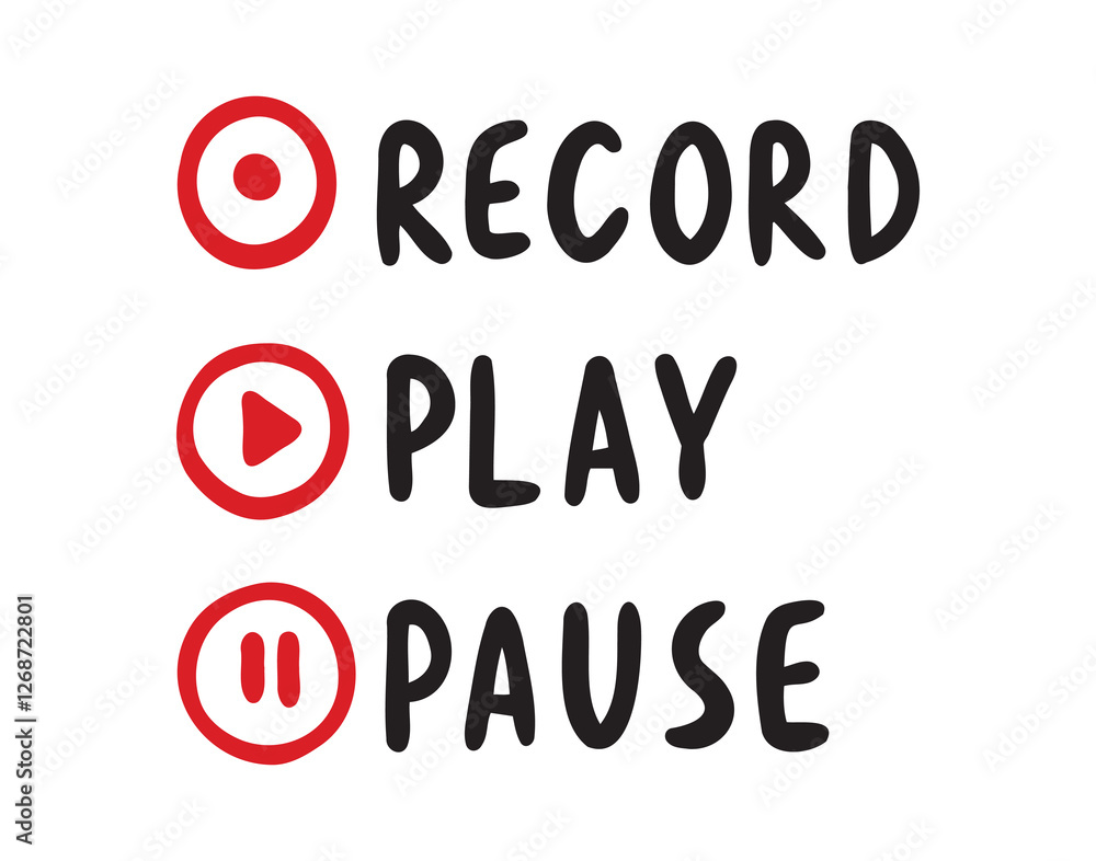 Record, play and pause words lettering hand drawn font signs set ...