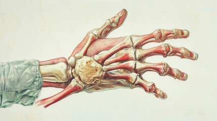 Aufkleber - Detailed anatomical illustration of a human hand showcasing muscles and bones with labels in a scientific study setting. Generative AI