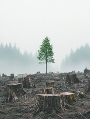 Poster - Tall green tree stands alone amidst cut stumps in foggy forest landscape highlighting deforestation effects. Generative AI