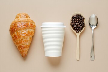 Aufkleber - Coffee and croissant flat lay with spoon and coffee beans on light background in cozy morning setting. Generative AI