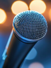 Poster - Close up of a microphone against a blurred bright background at a live performance venue in the evening. Generative AI