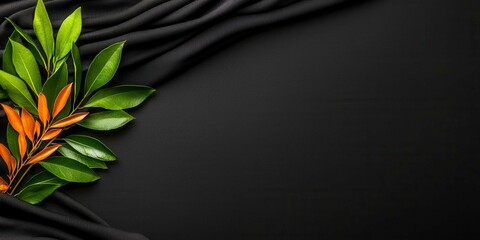 Wall Mural - Elegant Green and Orange Leaves on Soft Black Fabric Background