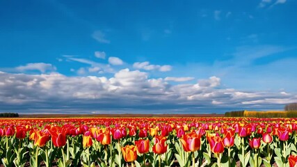 Wall Mural - Spectacular time lapse video depicting fluffy white clouds drifting clear blue sky colorful tulip field Oregon’s Wooden Shoe Tulip Festival