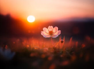 Sticker - white flower glows at sunset. warm golden light illuminates petals in a serene field. beautiful natu