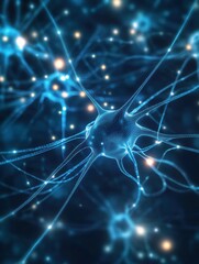 Leinwandbilder - Visualization of neurons interconnected in a blue abstract pattern representing brain activity and neural networks. Generative AI