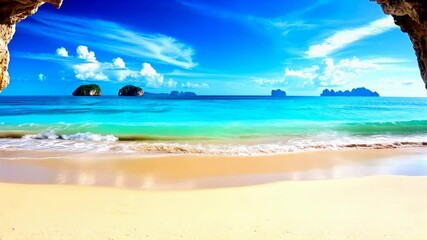 A tranquil view of a sandy beach and calm, light blue water framed by a rocky cave entrance. Distant islands dot the horizon beneath a partly cloudy