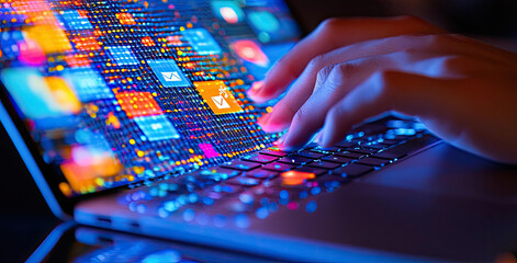 Wall Mural - closeup of hands typing on laptop with vibrant colorful data display