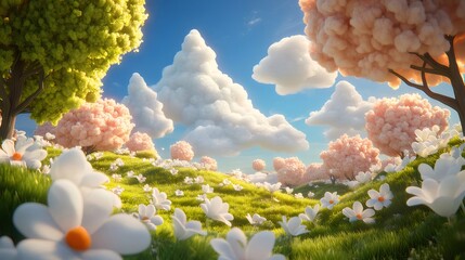 Wall Mural - Spring fantasy meadow, fluffy clouds, sunny day, whimsical trees, children's book