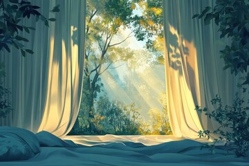 Wall Mural - Serene morning view through a window with light shining through