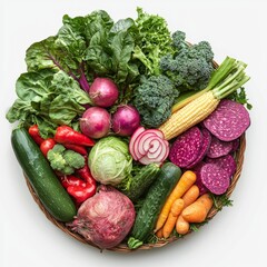 Wall Mural - Fresh Organic Vegetables on White Background, Healthy Eating, Colorful Produce in Woven Basket, Nutrition and Wellness