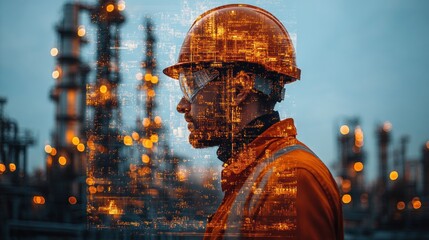 Double exposure of refinery worker and cityscape at night.