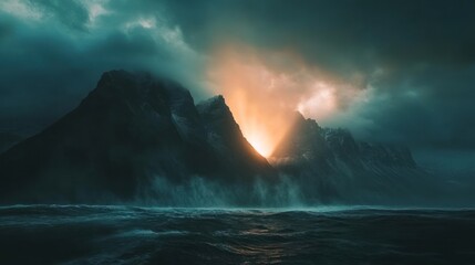 Wall Mural - Dramatic sunset illuminates mountains through stormy clouds and ocean waves.