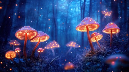 Poster - Enchanted glowing mushrooms illuminate a dark mysterious forest landscape