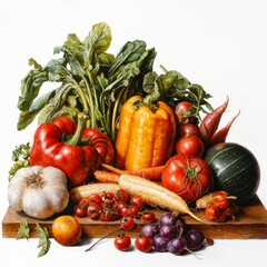 Wall Mural - Fresh and Colorful Assortment of Organic Vegetables on a Wooden Board for Healthy Cooking and Nutrition Inspiration