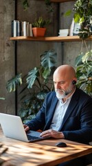 Aufkleber - Professional man working on laptop in a modern office surrounded by indoor plants and natural light during the day