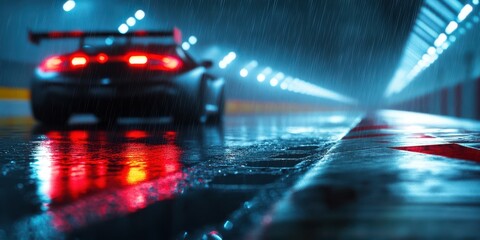 Wall Mural - Blurred racing car taillights illuminate a wet rainy tunnel