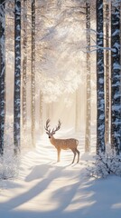 Poster - Majestic deer standing on a snowy trail surrounded by tall trees in a serene winter landscape