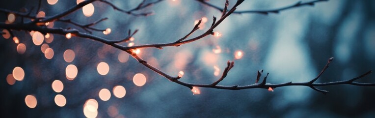 Aufkleber - Soft sky blue and blush pink bokeh lights illuminate delicate branches during twilight hours in a tranquil outdoor setting