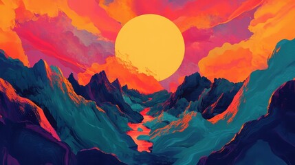 Wall Mural - Colorful stylized mountain landscape with large sun in the sky