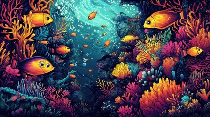 Sticker - Whimsical cartoon fish swim amidst vibrant coral reef ecosystems