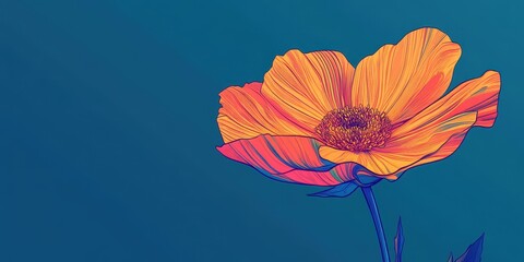 Wall Mural - Illustrated orange flower with blue outlines against blue background