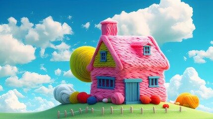 Wall Mural - Yarn house, sunny hill, Easter eggs, cloudscape