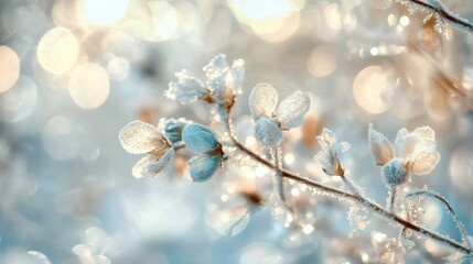 Poster - Cool-toned bokeh lights creating an enchanting icy blue atmosphere with soft floral details in winter landscape